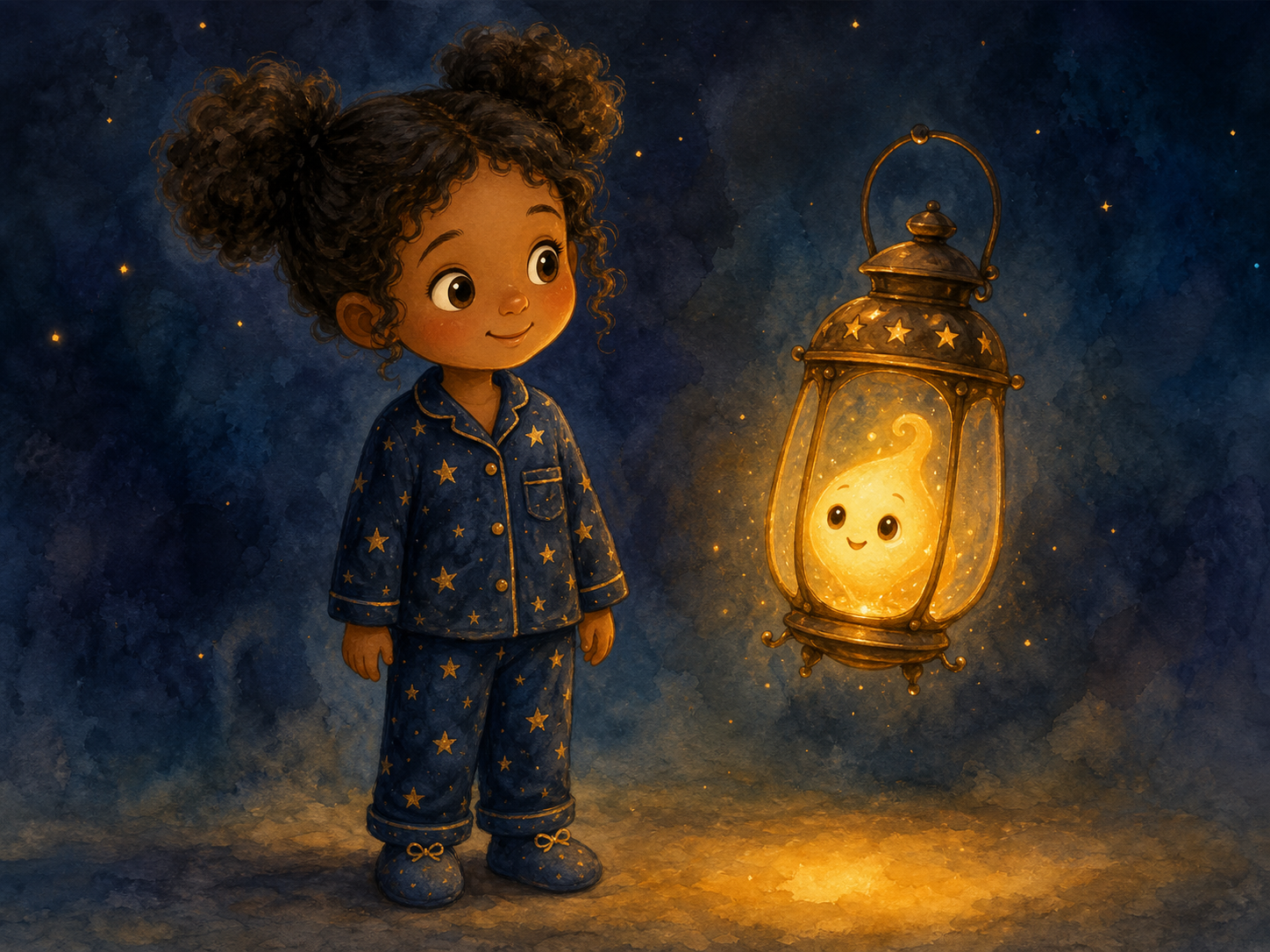 A child and a glowing little lantern at bedtime